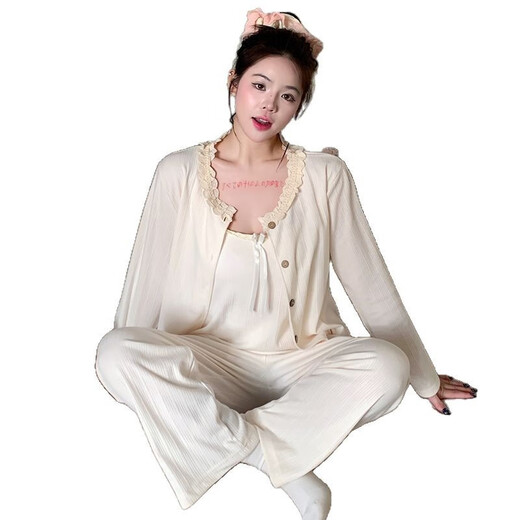 荣西图（RONGXITU）甜美纯欲风带胸垫睡衣三件套可外穿家居服春夏 S681#米白 185 XXL