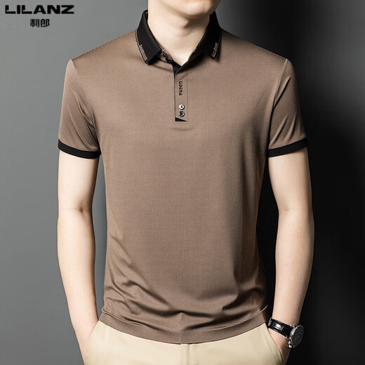 
Lilang 2025 new men's short-sleeved T-shirt summer ice silk lapel top middle-aged and young business casual POLO shirt brown 13573 one size m 165