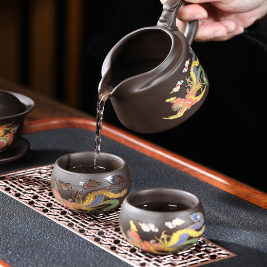 Oein changes color when heated, purple sand kung fu tea set, dragon and phoenix Chengxiang complete tea making set, household raw mineral mud teapot, teacup set, teapot cover bowl 12 pieces + tea ceremony