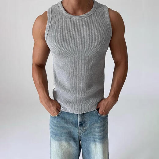 I am David gray quick-drying vest men's summer American thread elastic slim knitted t-shirt sports fitness training T-shirt gray L
