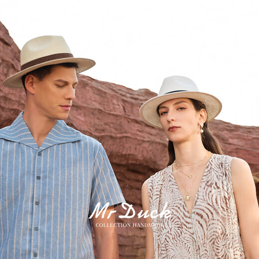 MR DUCK2025 Neues Produkt, leichte und atmungsaktive Panama-Hut, Männer und Frauen, handgepflegtes Baumwoll- und Leinenplaid-Gurtband, Sonnenschutz-Strohhalm MS56328-IVORY BEIGE/COUTWOLLE UND Leinenplaid-Gurtband (57-58cm)