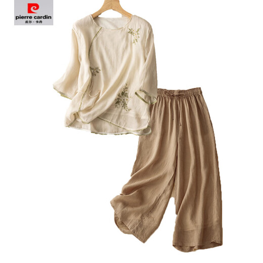 Pierre Cardin [1048 Menschen sammeln] Große Sommerkleidung mittleren Alters Mutter Baumwollwäsche Anzug ethnischer Stil Neues chinesisches Temperament Asian Pink + Khaki Hosen 2xl 150-170