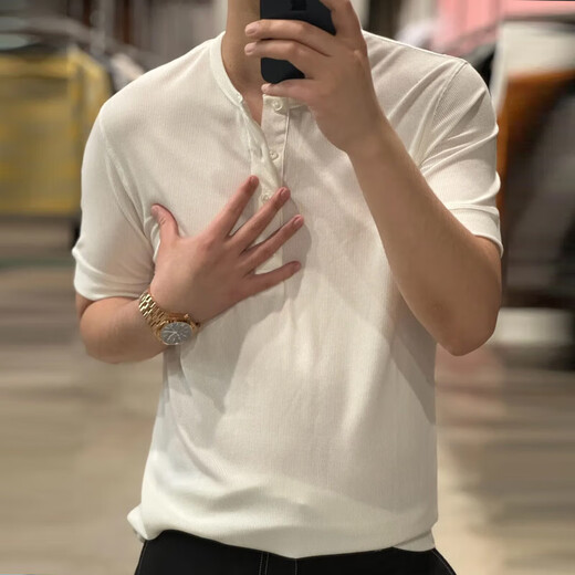 ShanSha Yitong (ShanSha Yitong) BKCXZICE New Chinese Henry Collar Short Sleeve Sportswear POLO Shirt Fitness Big Casual Top Men Waffle Henley Collar Short Sleeve - White L 170-175 high, 115-130Jin Jin equals 0.5 kg)