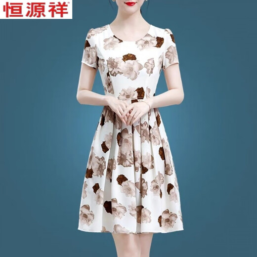 Hengyuanxiang ice silk floral dress mid-length 2025 new fashionable print middle-aged and elderly mothers dress to look slim skirt Ice silk 9904 skirt 5XL 165-180Jin[Jin equals 0.5 kg]