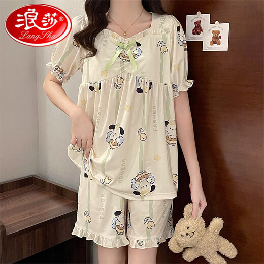 Langsha Bingsi Pajamas for women in summer thin style with chest pads cute Pachy dog lace short-sleeved shorts 2025 new home clothing K682 Little Bee Dog with chest pads XXL All size