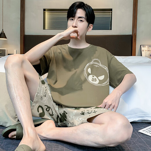 Ланга (Лангша) Летняя мужская пижама Pure Cotton Clothed Cartooned Cartoon Teenager Men's Summer's Summer Thin Bare-Size Student Home Clothing Set DMY6621# M Small [Предлагаемая высота 155 см и вес 75
