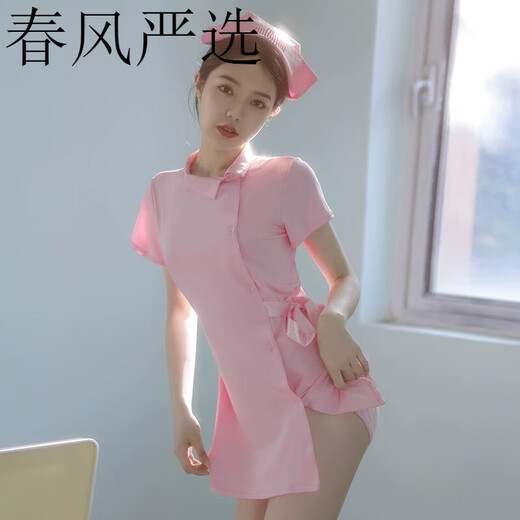 霏慕甜美护士装女制服大码透视激情性趣用品诱惑套装7027 粉色护士帽+连衣裙+T裤 均码