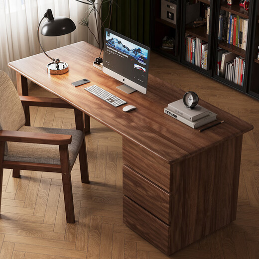 Huixun walnut solid wood desk with side cabinet computer desk simple modern office desk home bookcase combination study table and chair black walnut color # single desk 140cm*70cm*75cm walnut material