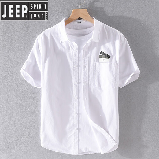 JEEP SPIRIT男士短袖衬衫日系休闲纯棉牛津纺衬衣夏季薄款潮流百搭半袖上衣服 9734白色 M 100斤左右