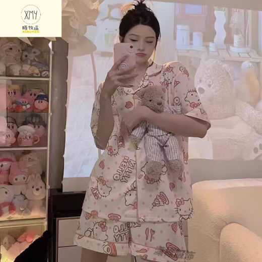 曦牧遥三丽鸥helloKitty睡衣女夏季三件套装2025新款短袖春秋薄款家居服 KK-14101短袖短裤长裤三件套 M 【建议80-100斤】