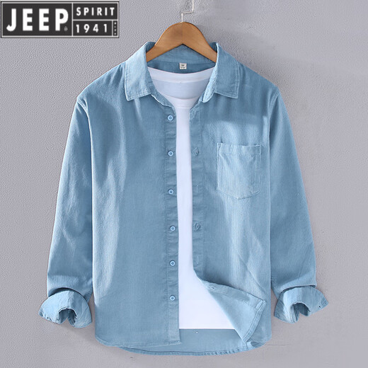 JEEP SPIRIT Spring Corduroy Shirt Men's Long Sleeve Pure Cotton Loose Thin Japanese Strip White Casual Shirt Jacket Dark Blue [9716] M