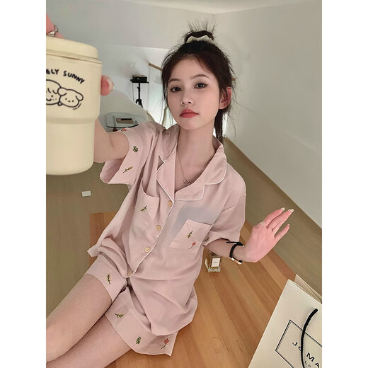 莫代尔冰丝睡衣女夏季薄款短袖短裤套装夏天感简约休闲家居服可外穿 LW-9215【短袖短裤】 L 【建议100-120斤】