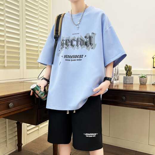 夏季新款短袖t恤男初中高中学生运动套装青少年潮流帅气大童夏装 NZJ-6626黑色(上衣+短裤) 3XL 145至160斤