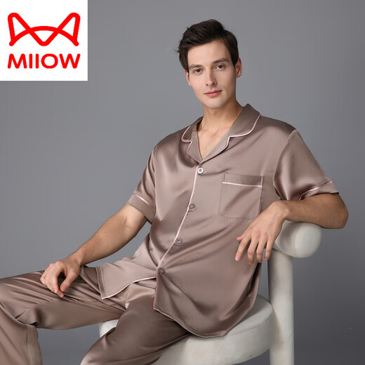 猫人（MiiOW）睡衣男夏季真丝薄款短袖长裤春秋家居服丝绸感欧美2025新款 松绿色 3899 L (体重100-130斤)