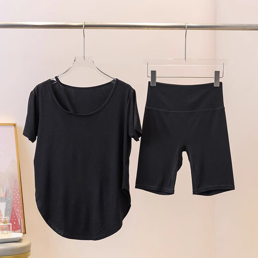 Baichao Yoga Suit Women's Summer Gym Loose Slim Covering Sports Running Pilates Top Cycling Fitness Clothes White Short Sleeves + Cocoa Color Five-Feng Pants S (Recommended 75-95Jin Jin equals 0.5kg)