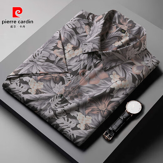 皮尔卡丹（pierre cardin）花衬衫男短袖夏季冰丝感大码胖子加肥加大衬衣休闲特大号上衣 9207黑色 L 120-140斤