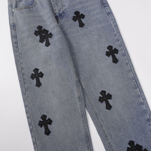 Heart Crome Heart CH FANTARIO CH Washable Old Cross Leather Jeans Men and Women Light Luxury Pants Luxury pantalones rectos tienda de hombres y mujeres 9905 azul claro 28