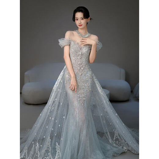 勤驰新品鱼尾轻婚纱新娘法式出门纱一字肩重工主纱高级质感小拖尾 婚纱鱼尾裙送七 M 均码