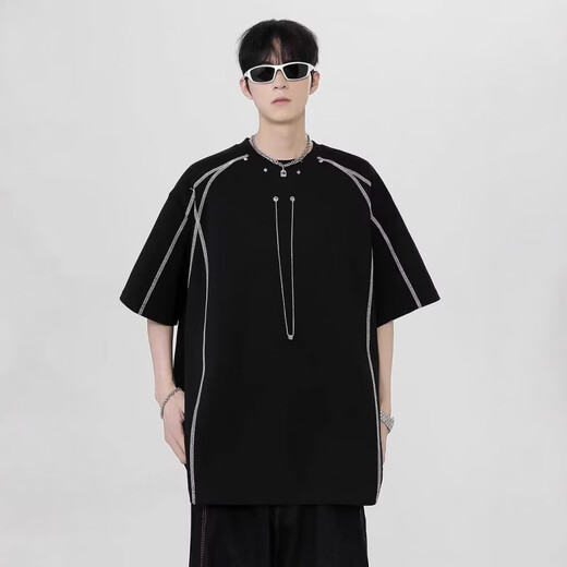 
COLORFUL GEMS summer contrasting line shoulder pad short-sleeved shirt men's design small neckline 1421 white M