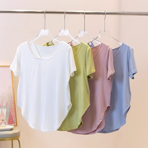 Baichao Yoga Suit Women's Summer Gym Loose Slim Covering Sports Running Pilates Top Cycling Fitness Clothes White Short Sleeves + Cocoa Color Five-Feng Pants S (Recommended 75-95Jin Jin equals 0.5kg)