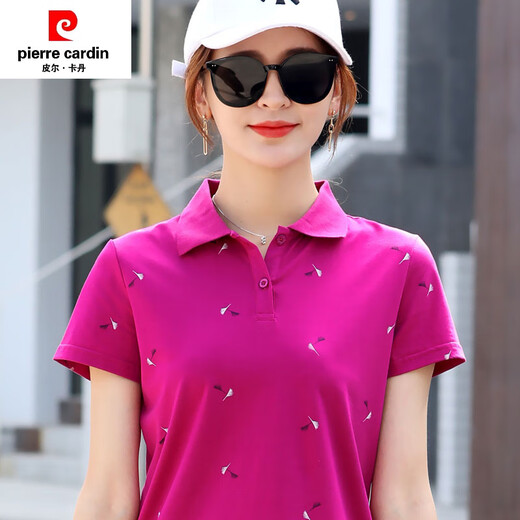 皮尔卡丹（pierre cardin）官方高档夏季翻领运动T恤女士大码纯棉短袖女2025新款上衣宽松黑 紫红色6167 L 98-108斤可参考