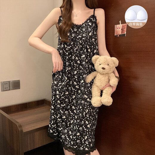 Single Nanwei nightgown with chest pad in summer sexy suspender retro lace feel can be worn outside pajamas for women's dresses home clothes 702# nightgown ink painting in Chinese style XL (115-130)