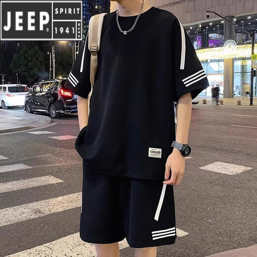 JEEP SPIRIT2025 new men's sports and casual suit men's summer thin loose ice silk short-sleeved T-shirt men's shorts paired with two FKS653 white suit L about 110-130Jin [Jin equals 0.5 kg] can be worn