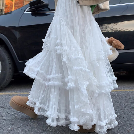 Ershanji Lace Skirt Cake Skirt Women's Spring and Autumn A-line Mesh Skirt Sweet Puff Skirt Fungus Trim Mid-Length Skirt Little White Skirt White L (111-125Jin Jin equals 0.5kg)
