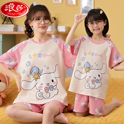 
LangSha (LangSha) Parent-child mother-daughter pajamas pure cotton summer thin short-sleeved cute cartoon internet celebrity little girl girl home clothing set 6624 [pure cotton single set] M 150-160cm80-99Jin [Jin equals 0.5 kg]