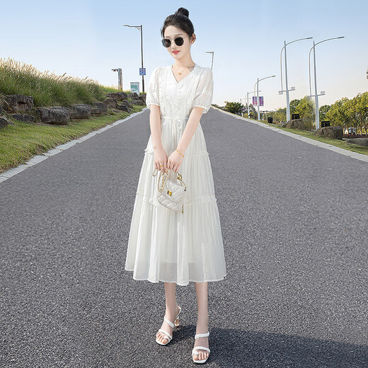 
Silk Cypress V-neck Dress 2025 Summer New Women's Gentle and Elegant Spliced ​​High Waist Drawstring Mid-Long Skirt