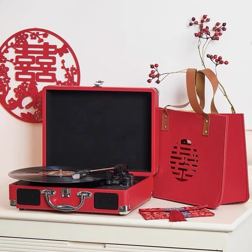 Yunya wedding gift for newlyweds, wedding and engagement, vinyl record player, bluetooth audio, living room ornaments, housewarming gift, bluetooth model, Chinese red, with gift bag, does not include records