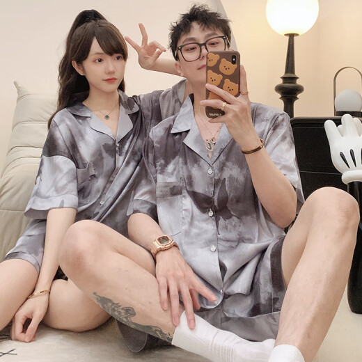 诗花巷美情侣睡衣女士夏季短袖睡裙冰丝薄款卡通男士加肥加大码家居服套 冰丝-bx-13076-13077 M  女(高160内-重80-100斤)