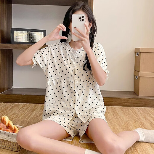 梦特娇（MONTAGUT）短袖睡衣女波点夏季短袖短裤新款薄款花边开衫甜美休闲家居服套装 ymq#12415 均码 m建议75-95斤