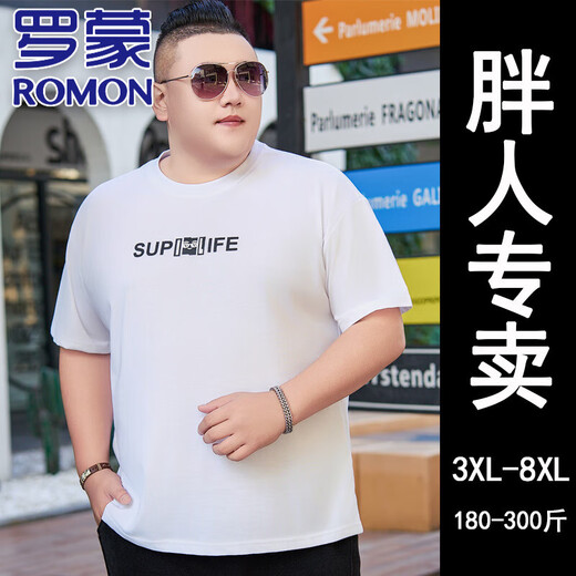 
ROMON high-end pure cotton large-size short-sleeved T-shirt for men in summer round neck plus fat plus big belly large men's half-sleeved fat JXM9901 Black 5XL 195[220-240Jin[Jin equals 0.5 kg]]