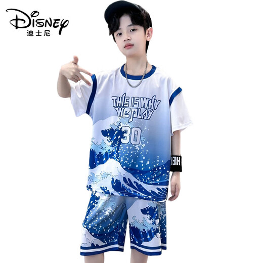 迪士尼（Disney）男童夏季套装库里30号球衣中大童短袖篮球服儿童运动速干衣两件套 9908蓝色 170