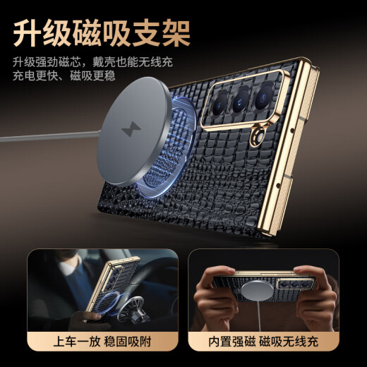 ENBANDA【心系天下】适用三星W25手机壳真皮磁吸翻盖式皮套w25新款旋转支架zfold5全包保护套男女高档防摔 鳄鱼纹【优雅黑】头层牛皮丨旋转支架丨翻盖皮套 三星 W24
