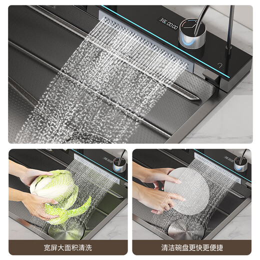 JOMOO kitchen sink large single-slot vegetable basin digital display embossed raindance sink 304 stainless steel integrated faucet 75*46 right drain (note for left drain)