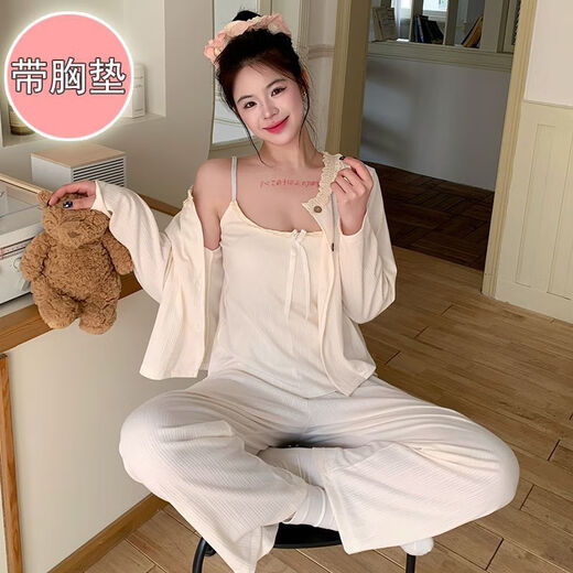 荣西图（RONGXITU）甜美纯欲风带胸垫睡衣三件套可外穿家居服春夏 S681#米白 185 XXL