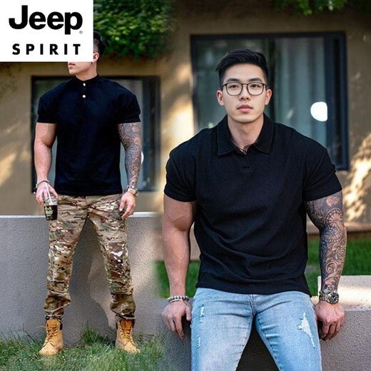 JEEP SPIRIT Summer Cuff Fitness Short Sleeve Men's Muscle Showing Sports T-shirt POLO. Shirt Henry Large Lapel Elastic Training Button Black L Recommended 155 Jin [Jin equals 0.5 kg]