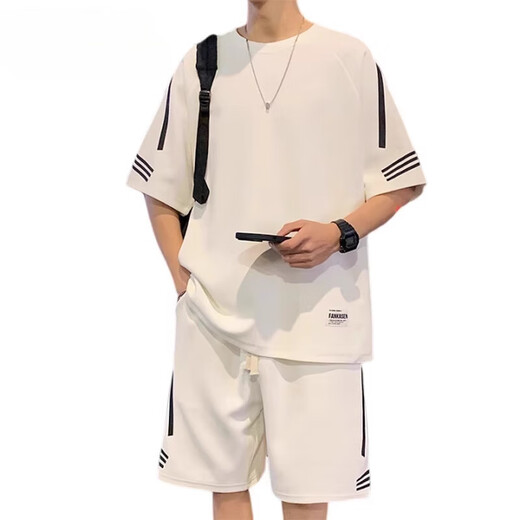 花花公子（PLAYBOY）2025新款运动套装男夏薄款宽松冰丝短袖t恤男短裤搭配两件套 FKS653白色套装 3XL 约170-190斤可穿