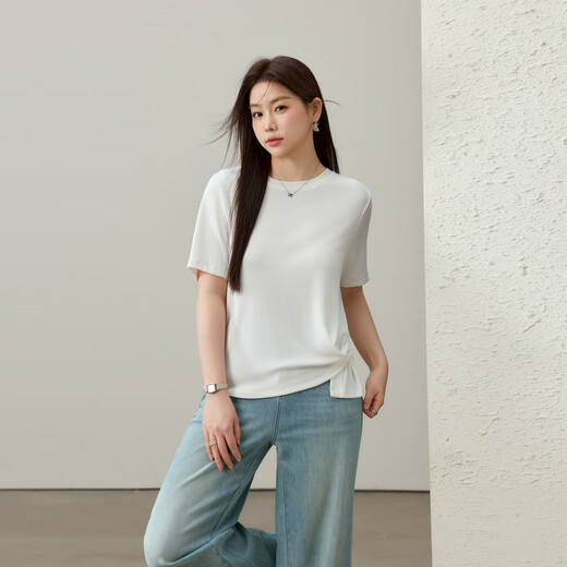 Fiber Show [Fashionable Design Feeling Comfortable Round Neck Short Sleeve T-shirt] Large Size Women's Fat mm2025 Summer New Style 1463 Beige 2XL