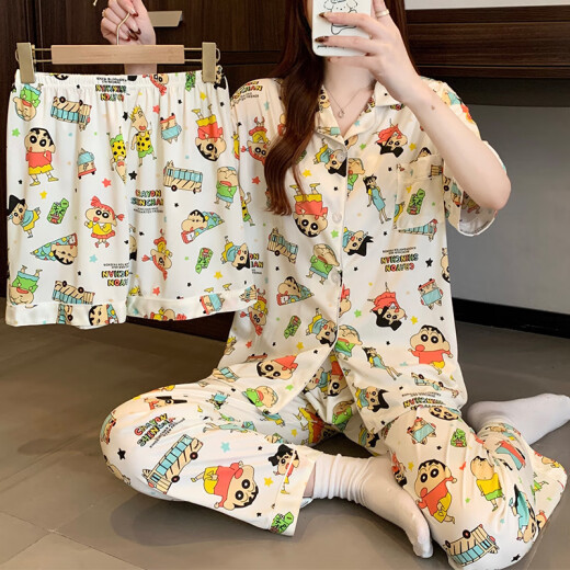 Pajama de primavera y verano de Hanrui para mujeres seda de seda de leche de dibujos animados de tres piezas ropa casera 14124 170 m