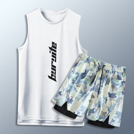 步锐特（BURUITE）泳衣套装男款夏季背心泳裤防尴尬游泳裤成人上衣水上乐园速干防晒 抽象迷彩套装-白【新款防尴尬】 M 【建议体重90-120斤】