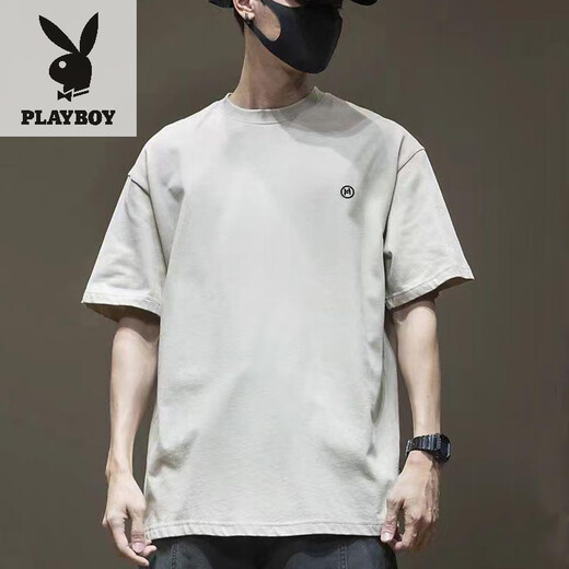 花花公子（PLAYBOY）纯棉重磅居家纯色百搭宽松新款短袖体恤男士纯棉个性印花图案半袖 蓝色1365 XL