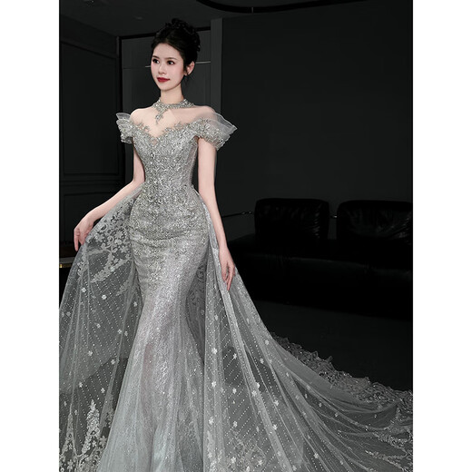 勤驰新品鱼尾轻婚纱新娘法式出门纱一字肩重工主纱高级质感小拖尾 婚纱鱼尾裙送七 M 均码