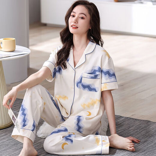 
LangSha 2025 new pajamas women's summer short-sleeved trousers lapel cardigan middle-aged mother's home clothes can be worn outside PDDQ9928 L [recommended 100-120 Jin [Jin equals 0.5 kg]]