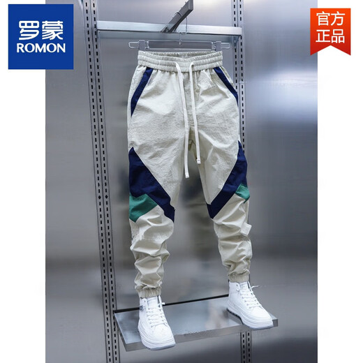 ROMON men's spring and summer new color-blocking foot casual pants elastic waist splicing pants trendy new fashion harem pants off white 33 suggest 150-160Jin [Jin equals 0.5 kg]