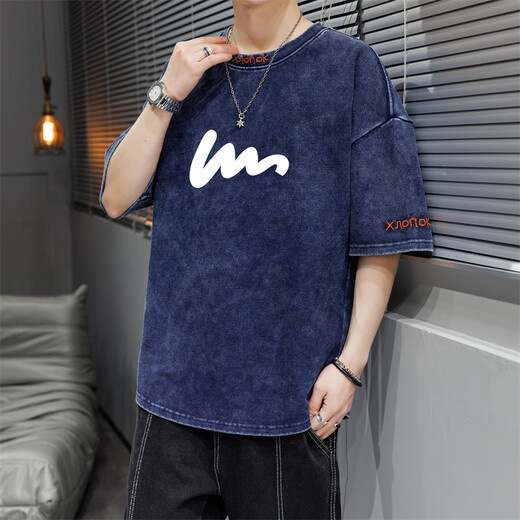 学子言搭配牛仔裤的水洗做旧t恤短袖男夏季牛仔短袖t恤男款宽松上衣水洗 K11949牛仔蓝 L 均码