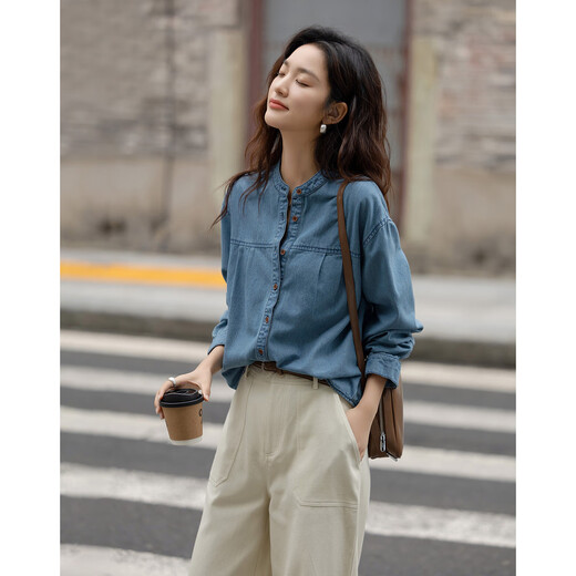 Demana Qinfu Cloud Feel Cotton Spring Simple Style Round Neck Shirt Comfortable to Hidden Meat and Matches Denim Shirt Women's Top