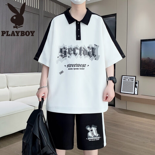 花花公子（PLAYBOY）青少年短袖t恤男孩夏季12-15岁初中高中学生polo衫13帅气大童套装 NZJ-6629黑色(短袖+短裤) M 75至105斤